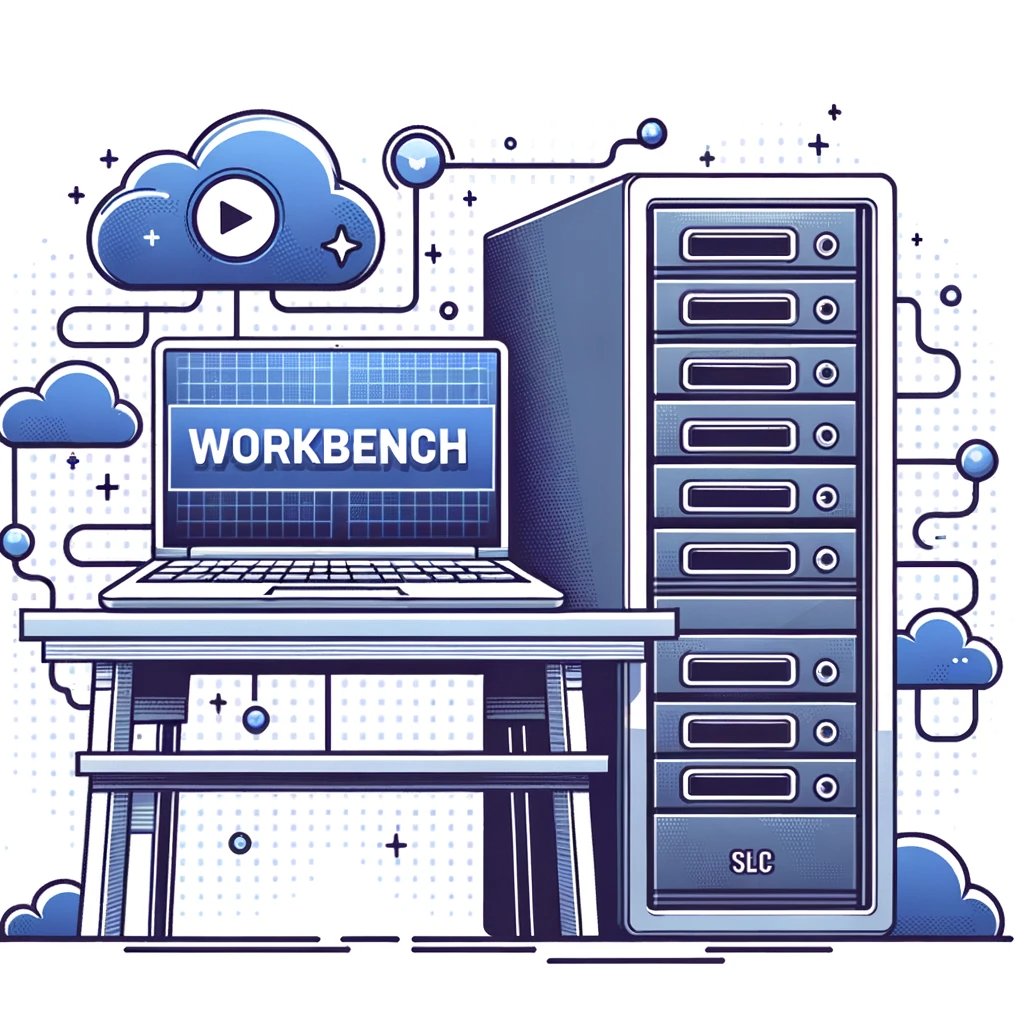 DALL·E 2023-10-18 12.41.51 - Illustration of a modern workspace where a laptop with the word 'Workbench' brightly displayed on its screen is set up. Right beside it stands a tall .png
